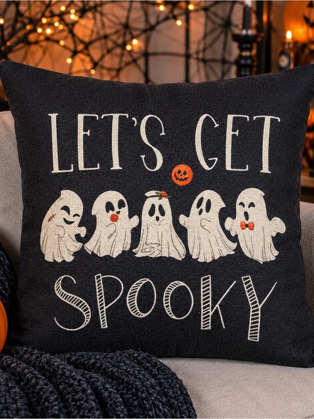 let’s get spooky Halloween black pillow COVER with 5 ghosts